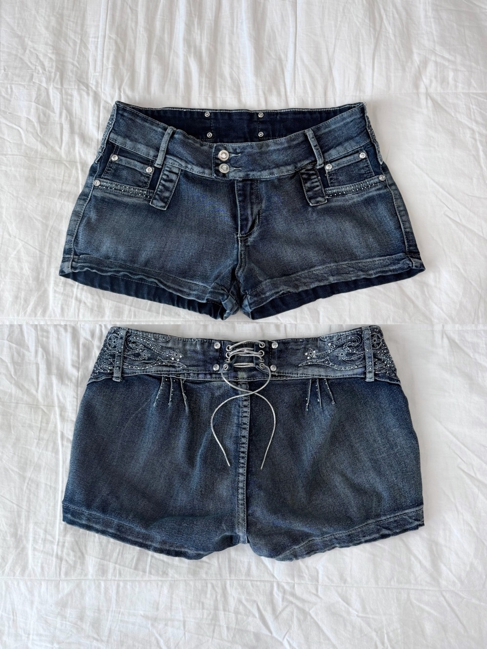 Y2K Embroidered Denim Lowrise Mini Shorts w/ Corset Tied Back